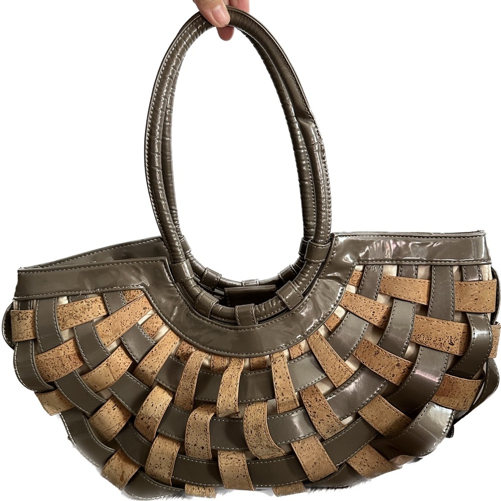 Sondra Roberts Taupe and Tan Woven Shoulder Bag with Rounded Handles